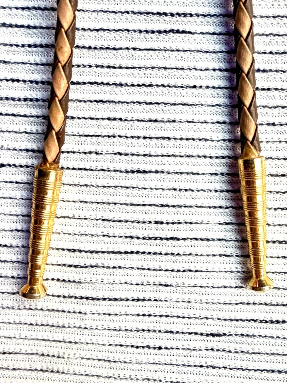 Vintage Brown Stone Bolo Tie- Western Braided Leather Gold Tone- Southwest